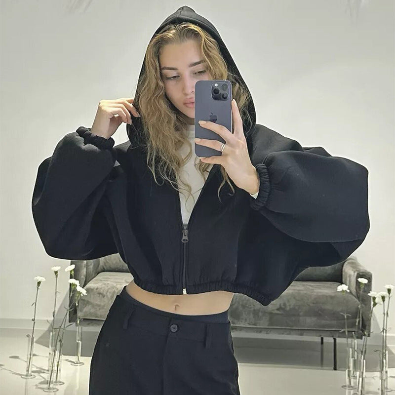 Casual Solid Color Hooded Short Jacket Y2K Fashion Sports Sweatshirt Long Sleeve Zip Up Cardigan Hoodies Women's Clothing - The Number 1 Things