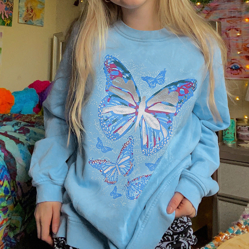 Butterfly Print Loose Casual Long Sleeve Pullover Sweatshirt - The Number 1 Things