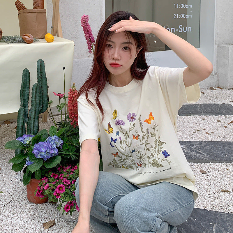 New Pure Cotton Heel Wrapped Collar Personality Flower Print Top - The Number 1 Things