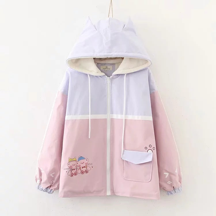Bear Colorblock Cotton Coat – Hooded & Cozy Outerwear