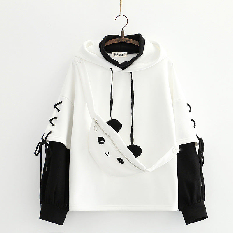College Wind Panda Fake Two-Piece Plus Fleece Hooded Sweater Women