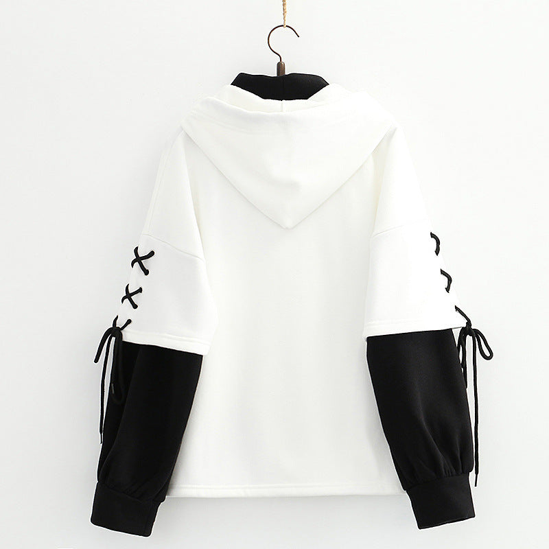College Wind Panda Fake Two-Piece Plus Fleece Hooded Sweater Women