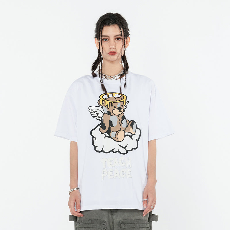 Creative Bear Angel Tee – Loose Fit Short Sleeve Top