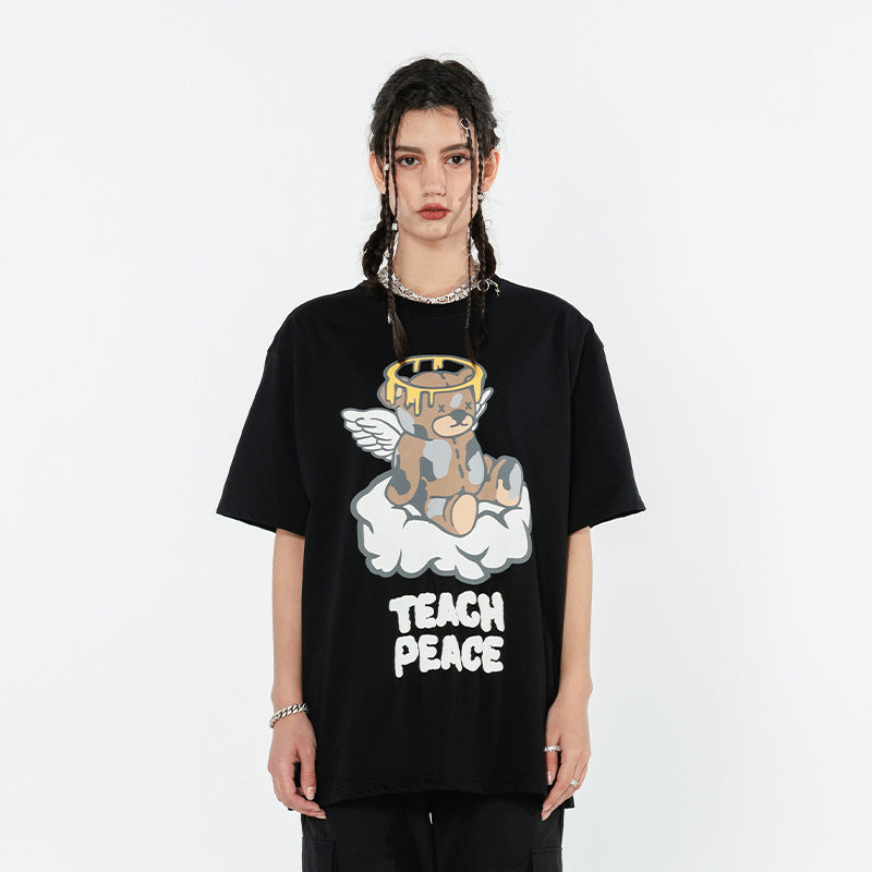 Creative Bear Angel Tee – Loose Fit Short Sleeve Top