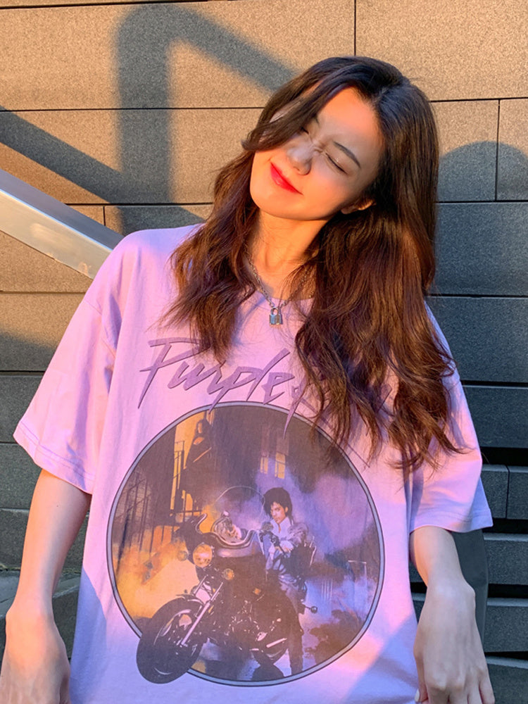 Vintage purple print loose loose short sleeve T-shirt - The Number 1 Things