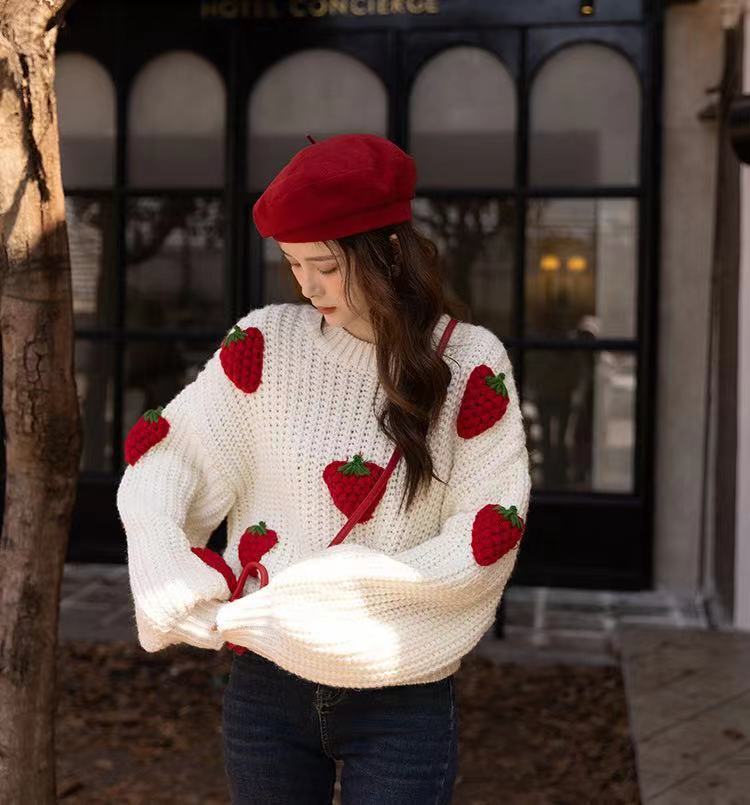 Women's Loose Strawberry Crocheted Knitted Pullover Sweater Top - The Number 1 Things