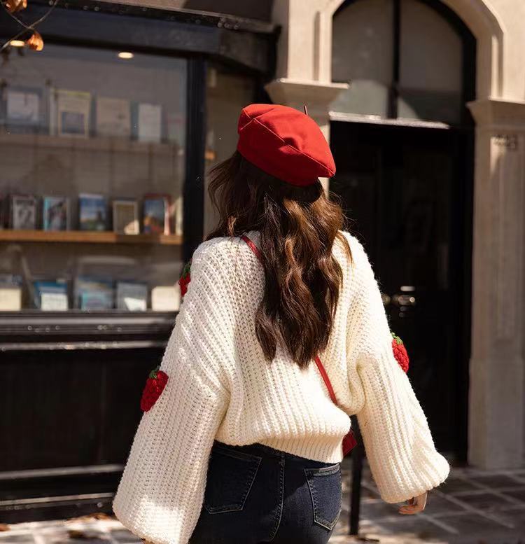 Women's Loose Strawberry Crocheted Knitted Pullover Sweater Top - The Number 1 Things