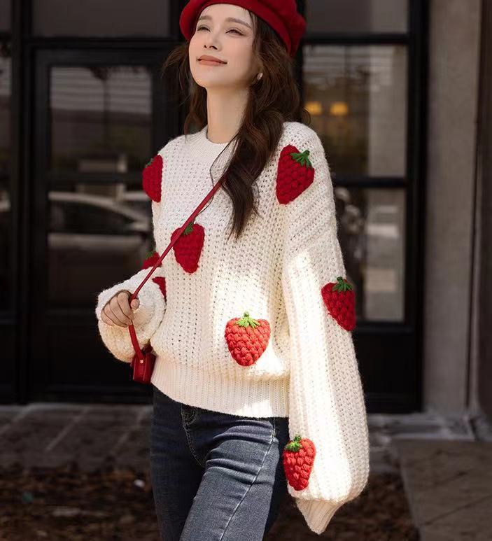 Women's Loose Strawberry Crocheted Knitted Pullover Sweater Top - The Number 1 Things