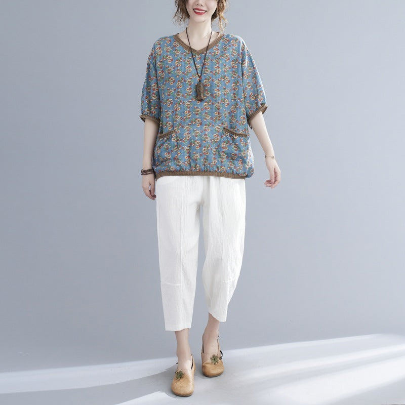 Women's Printed V-neck Short-sleeved Blouse - The Number 1 Things