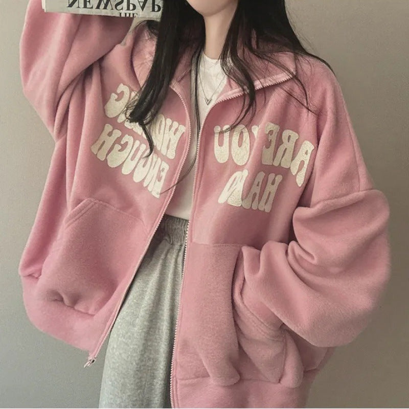 Women's Alphabet Plus Velvet Loose Cardigan Zipper Simple Sweater - The Number 1 Things