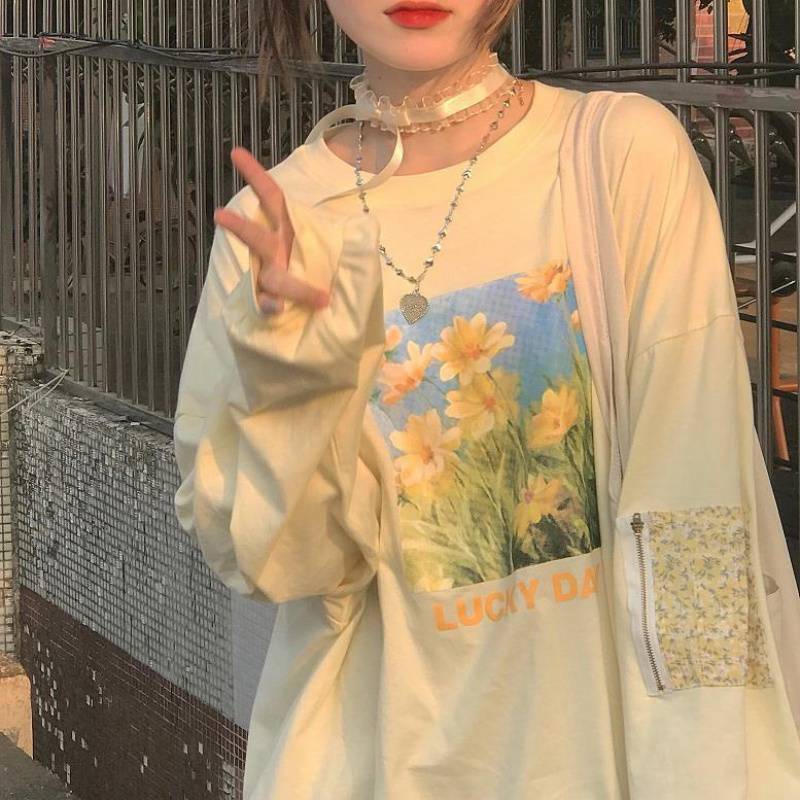 Autumn Japanese Oil Painting Style Sweet Flower Printed Long-sleeved Top - The Number 1 Things