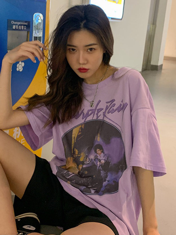 Vintage purple print loose loose short sleeve T-shirt - The Number 1 Things
