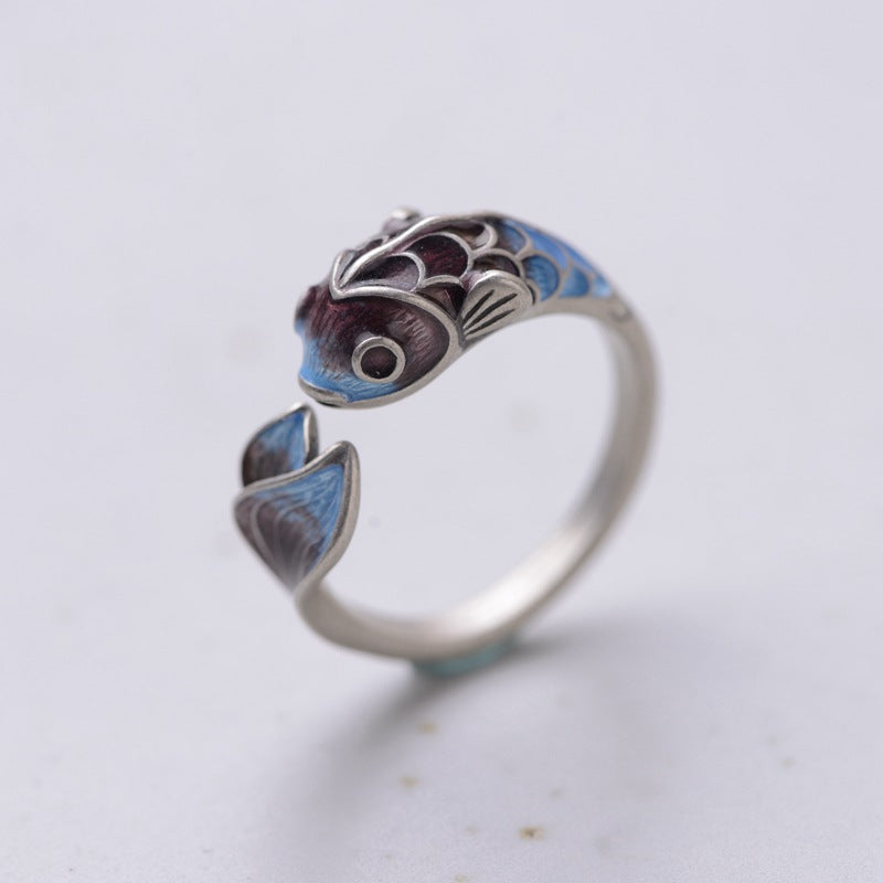 S925 Silver Retro Classical Roasted Blue Carp Koi Ring - The Number 1 Things