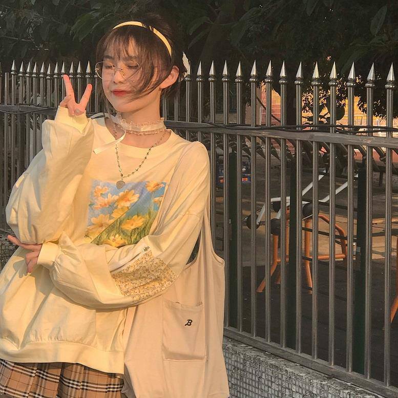 Autumn Japanese Oil Painting Style Sweet Flower Printed Long-sleeved Top - The Number 1 Things