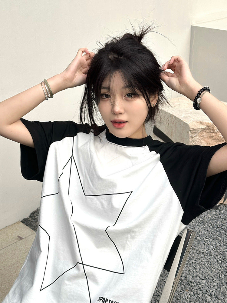 White Raglan Sleeve XINGX Printing Color Contrast Niche Design Top - The Number 1 Things