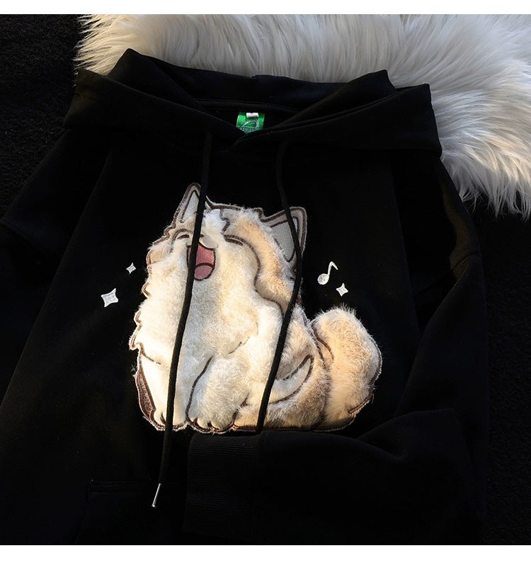 Embroidered Kitten Female Fleece-lined Thickened Hooded Sweatshirt - The Number 1 Things