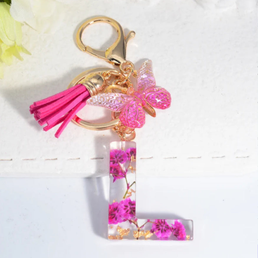 Rose Red Dried Flower Letter Tassel Butterfly Keychain - The Number 1 Things