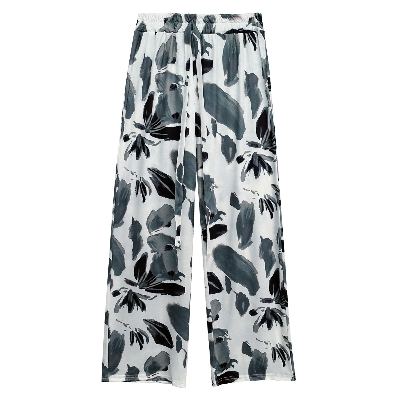Ladies' Versatile Contrasting Printed Waist Strap Design, Loose Pleated Wide Leg Pants, Long Pants