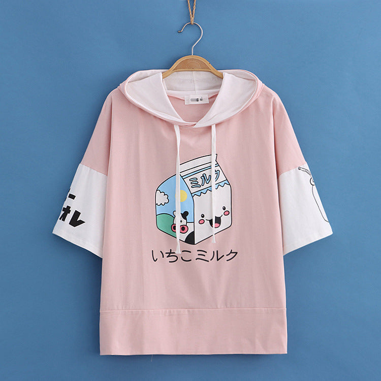 Childlike Sweet Milk Carton Print Hooded Colorblock Short Sleeve Hoodie