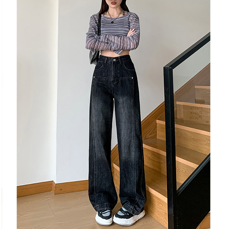 Washed Wide-leg Men And Women Autumn And Winter New Large Size Pear-shaped High Waist Slim Straight Trousers