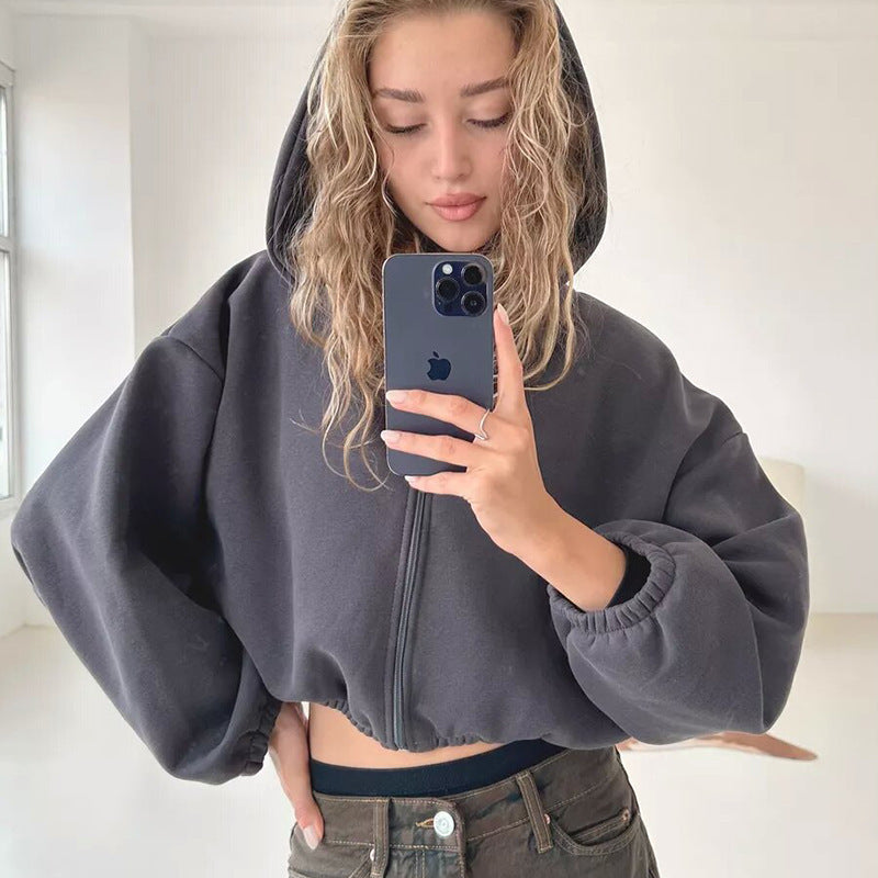 Casual Solid Color Hooded Short Jacket Y2K Fashion Sports Sweatshirt Long Sleeve Zip Up Cardigan Hoodies Women's Clothing - The Number 1 Things