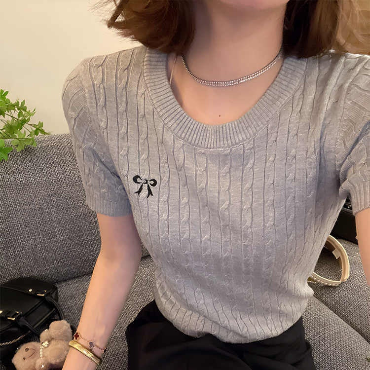 All-matching Pullover Bow Embroidery Twist Knitted Short Sleeve - The Number 1 Things