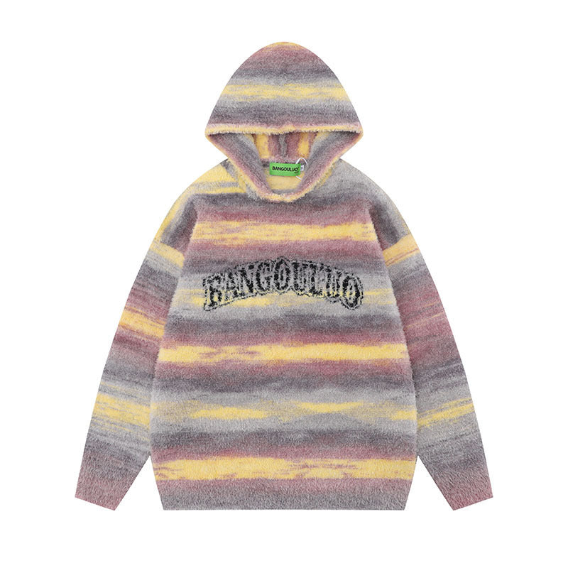 Sweet Contrast Color Gradient Striped Couple Hooded Knitted Top Sweater - The Number 1 Things