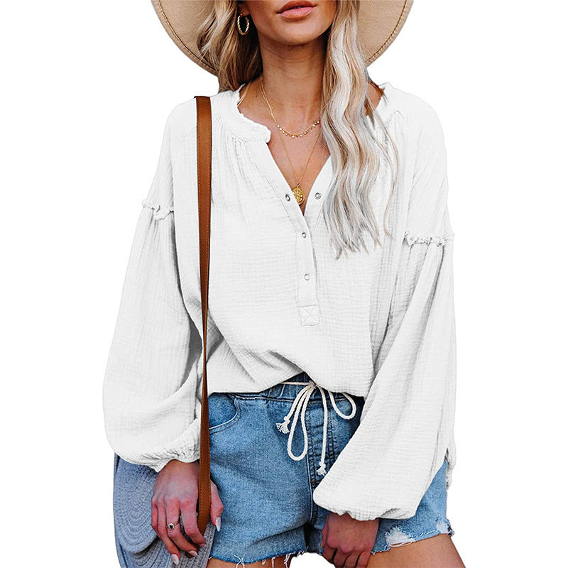 V-neck Lantern Sleeve Cotton Shirt Pullover - The Number 1 Things