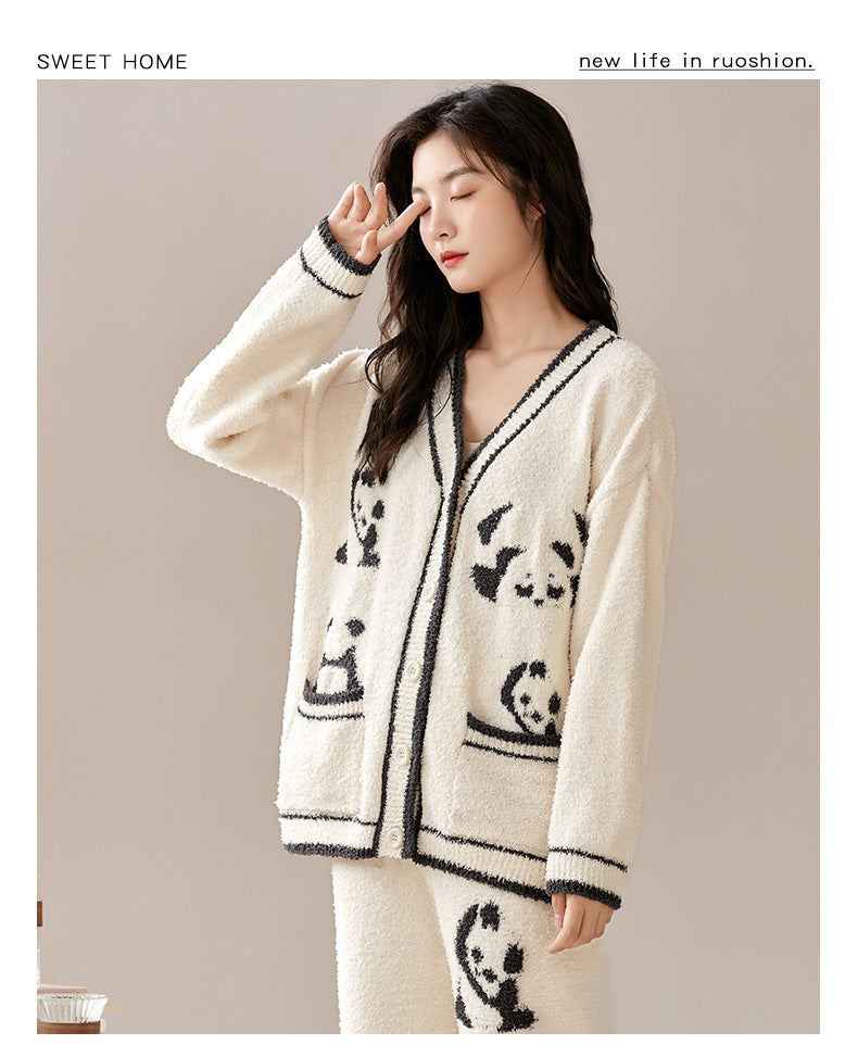 Coral Velvet Pajamas Women's Velvet Thickening Outfit Autumn And Winter Half Velvet Panda Home Wear Can Be Worn Outside