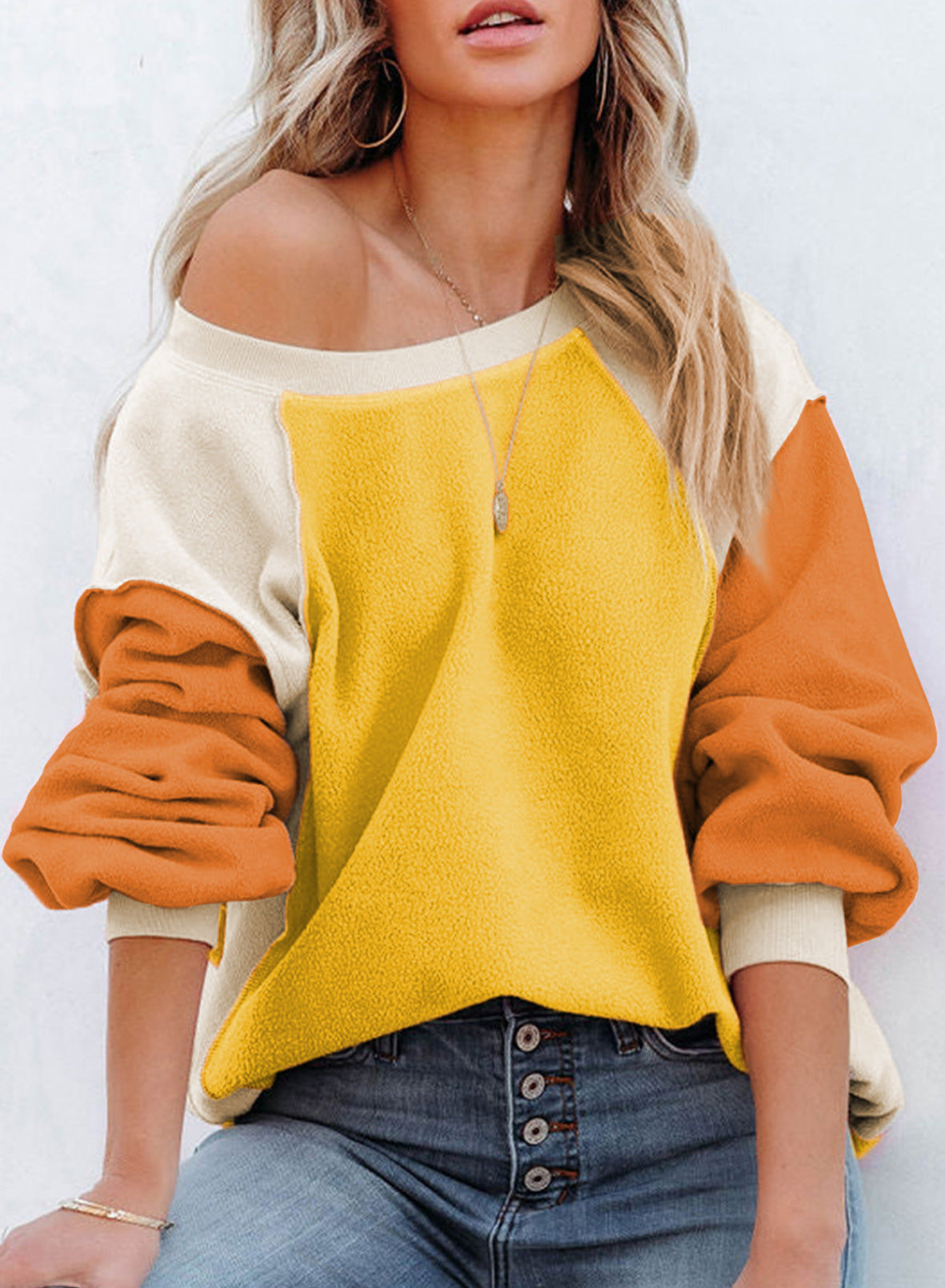 Fleece Lantern Sleeve Sweater Plush Contrast Color Long Sleeve Pullover Top - The Number 1 Things