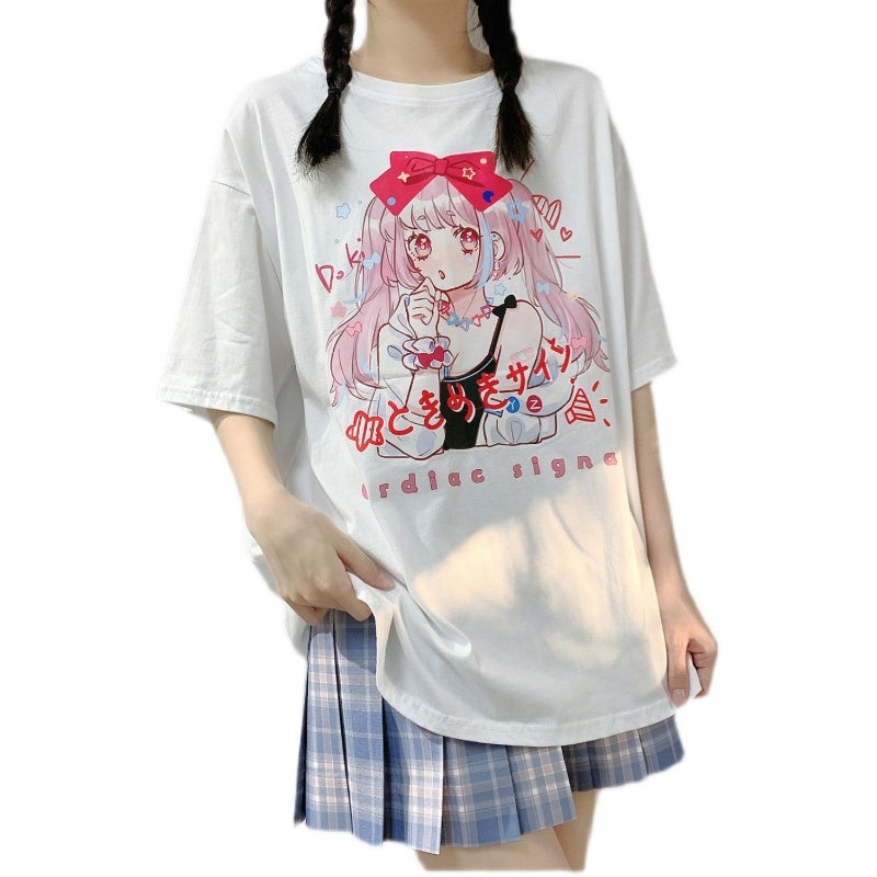 Short-sleeved T-shirt Female Summer College Style Comic Girl Loose - The Number 1 Things