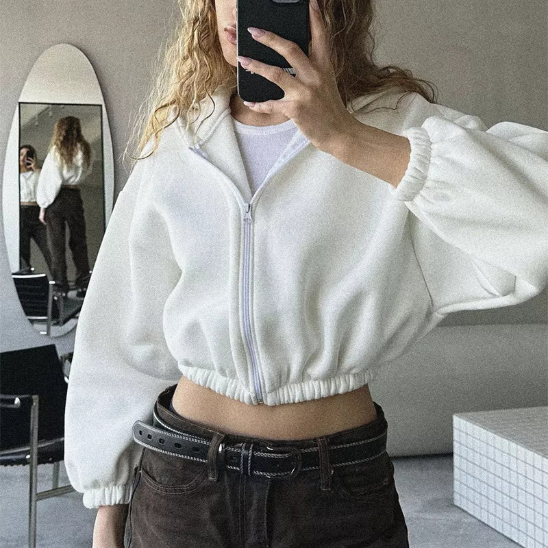 Casual Solid Color Hooded Short Jacket Y2K Fashion Sports Sweatshirt Long Sleeve Zip Up Cardigan Hoodies Women's Clothing - The Number 1 Things
