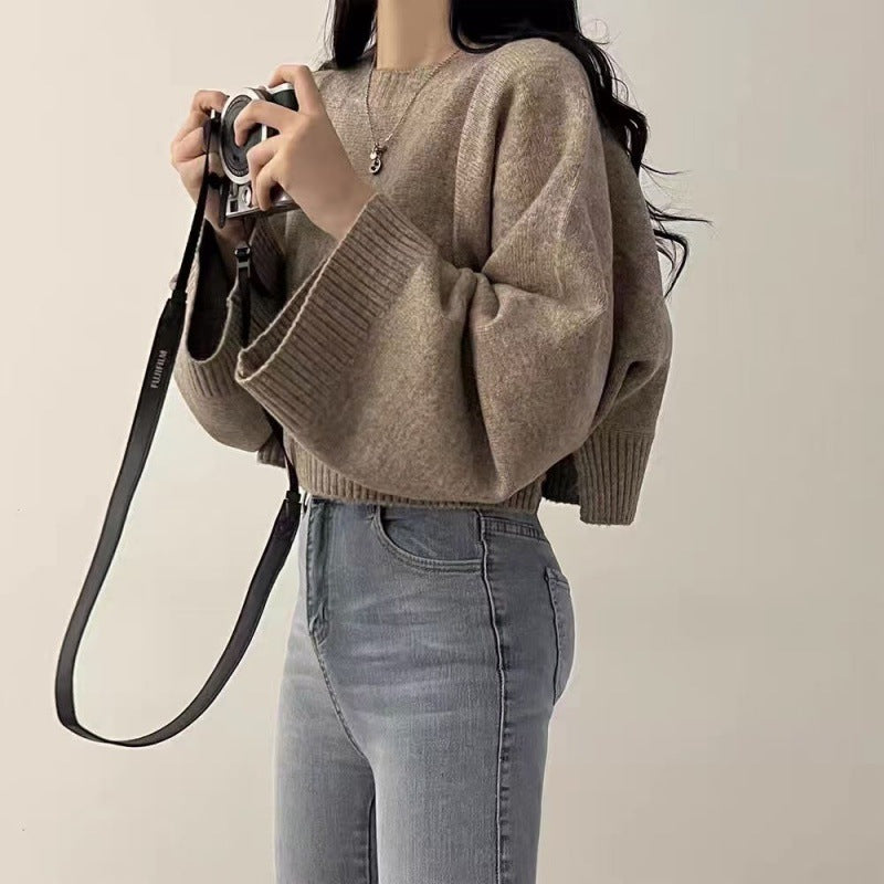 Solid Color Loose Small Short Long Sleeve Round Neck Pullover Sweater