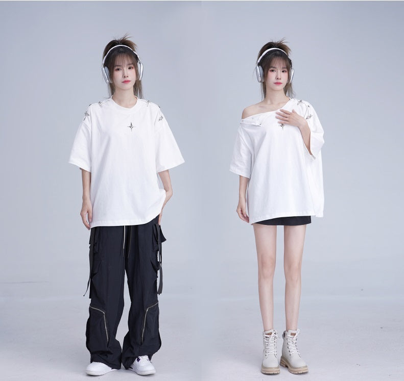 Niche Deconstruction Metal Buckle Padded Shoulder Design Short Sleeve - The Number 1 Things