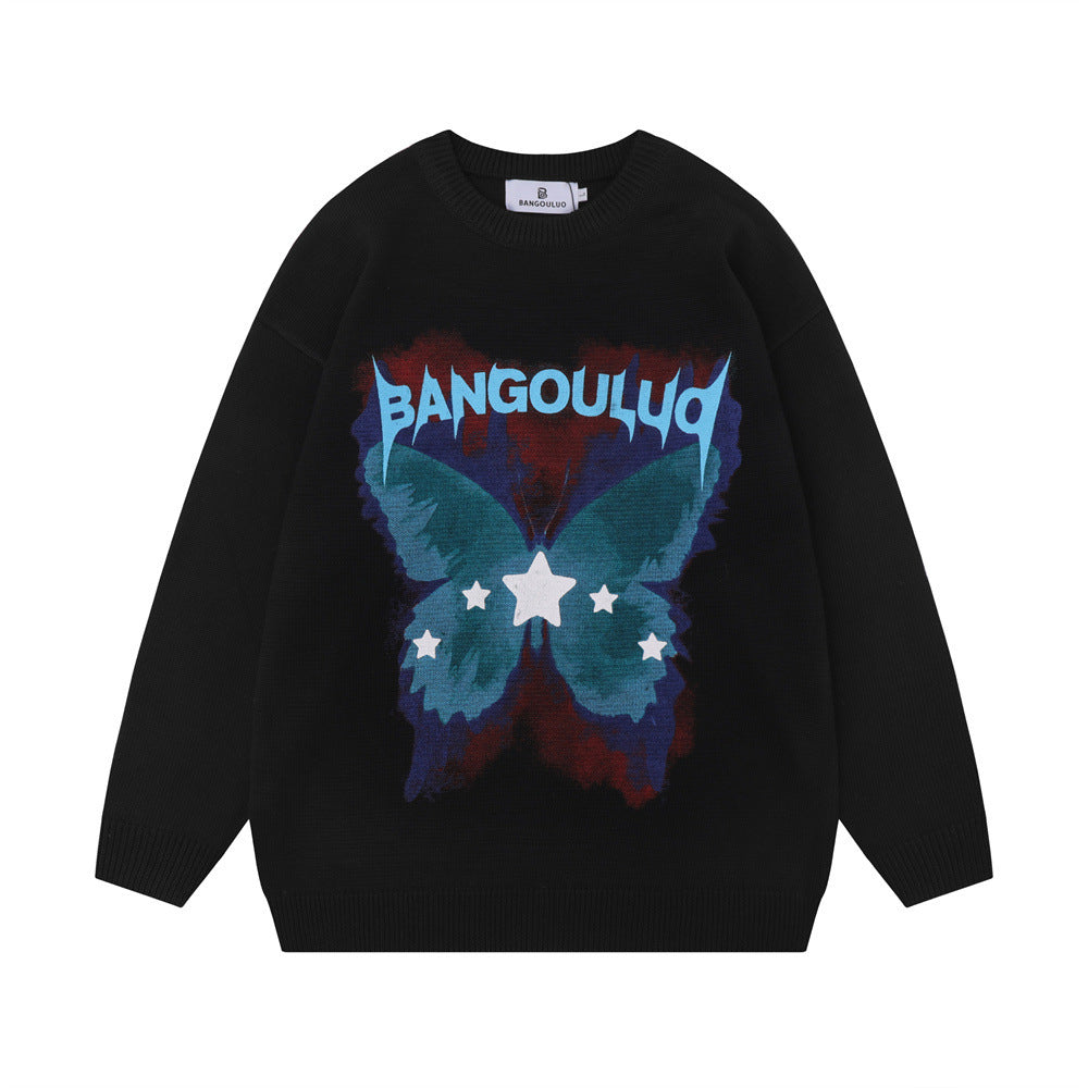 Niche Butterfly Print Loose Round Neck Sweater - The Number 1 Things