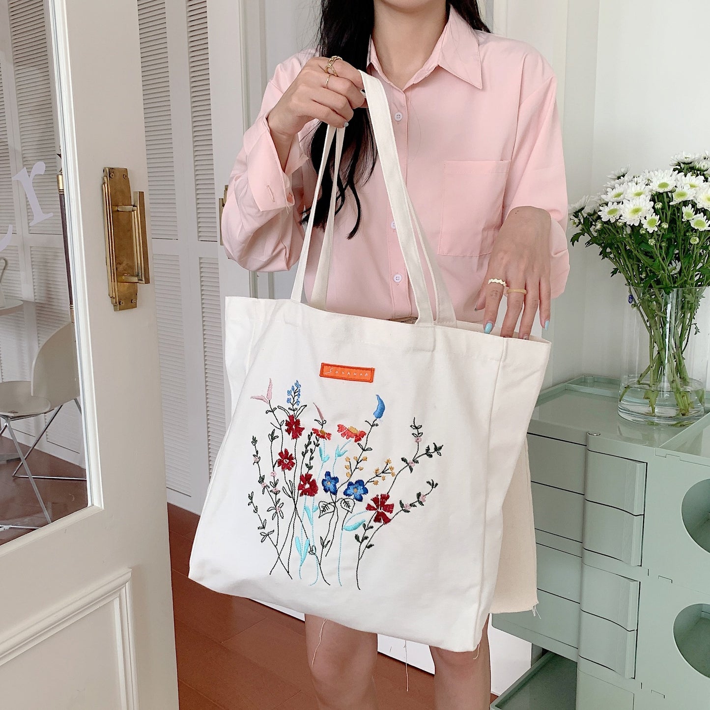 Korean Version Embroidered Flower Canvas Bag Ins Lazy Style Art College Students - The Number 1 Things
