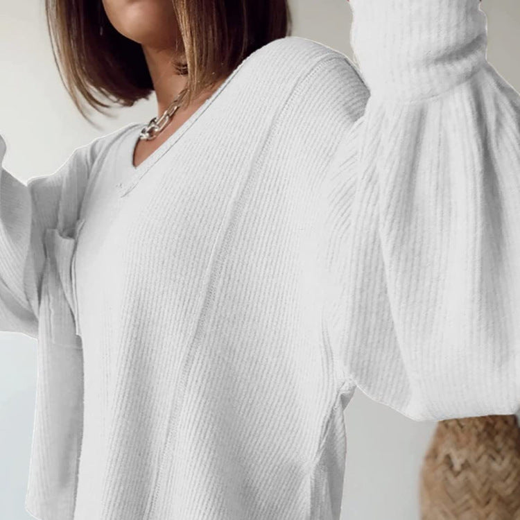 Casual V-neck Pocket Lantern Sleeve Loose Knitted Pullover Shirt Women - The Number 1 Things