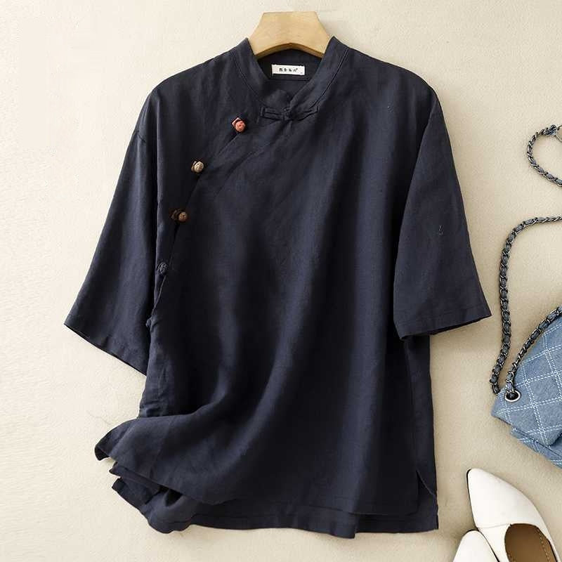 Cotton And Linen Retro Stand Collar Side Opening Short Sleeve Frog Buckle Top
