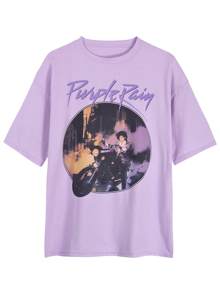 Vintage purple print loose loose short sleeve T-shirt - The Number 1 Things