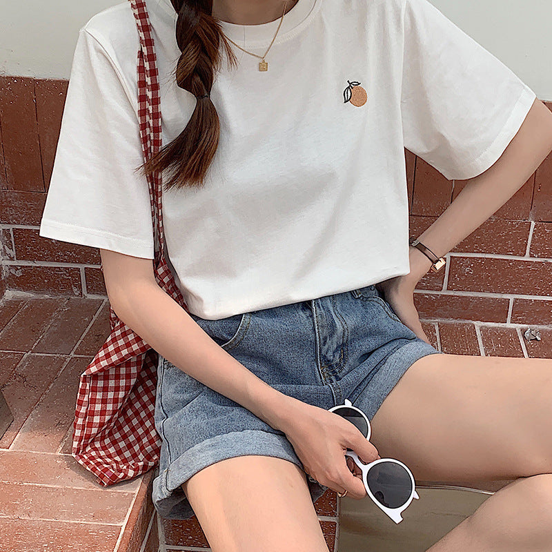 Women's Cotton Orange Embroidered Short-sleeved T-shirt New - The Number 1 Things