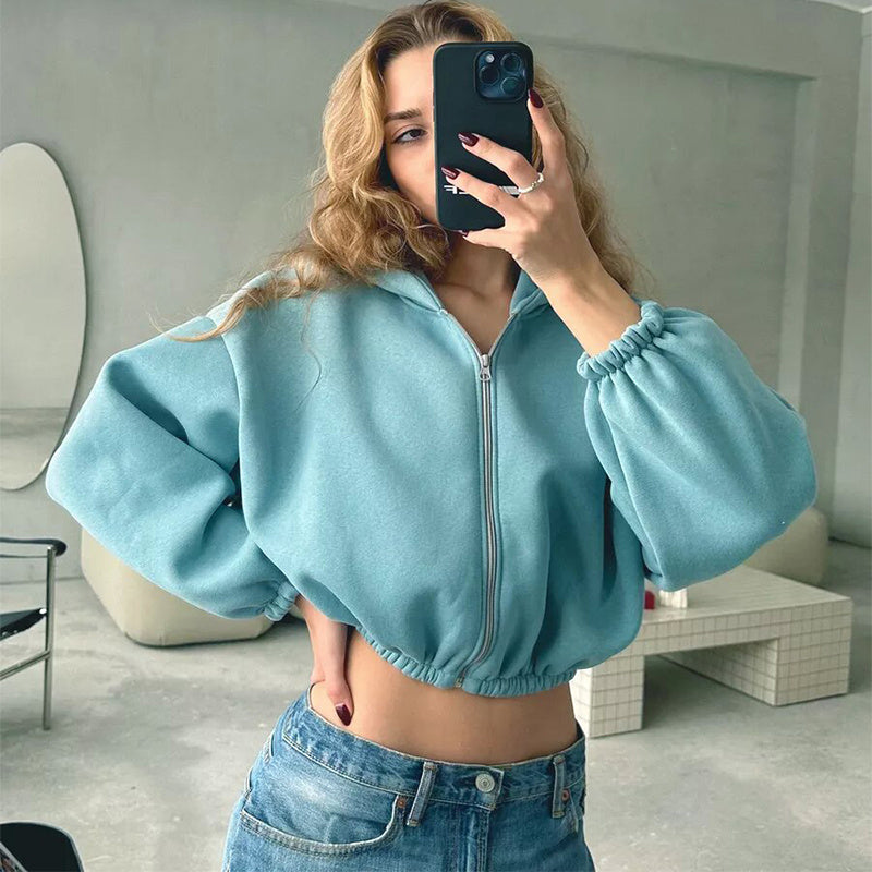 Casual Solid Color Hooded Short Jacket Y2K Fashion Sports Sweatshirt Long Sleeve Zip Up Cardigan Hoodies Women's Clothing - The Number 1 Things