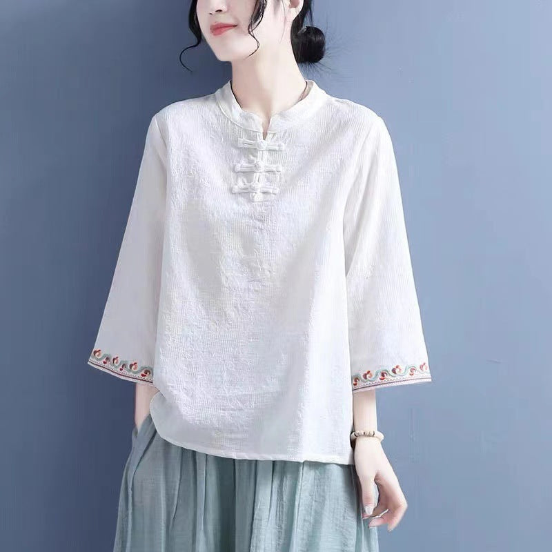 Artistic Cotton Linen Jacquard Embroidered Bell Sleeve Shirt - The Number 1 Things