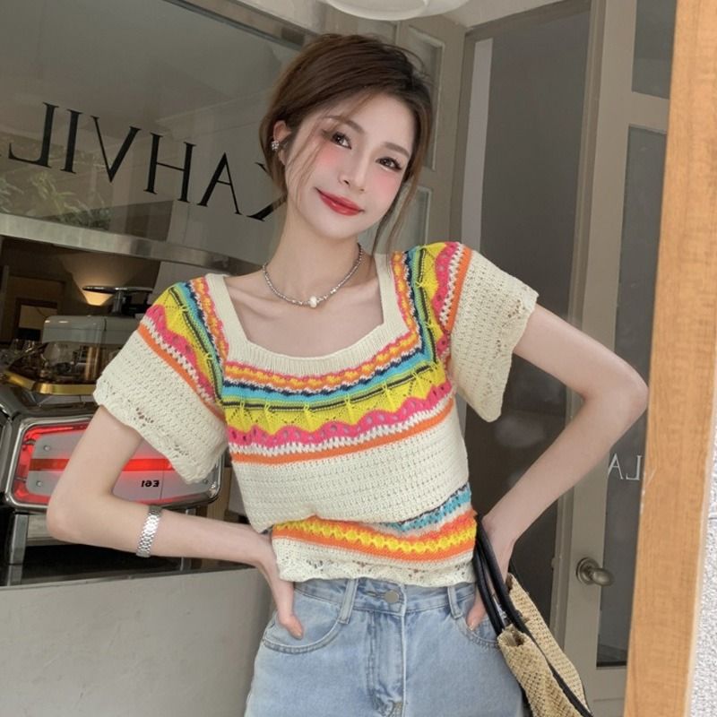 Summer Slim Chic Contrast Color Stripes Square Collar Short Sleeve - The Number 1 Things