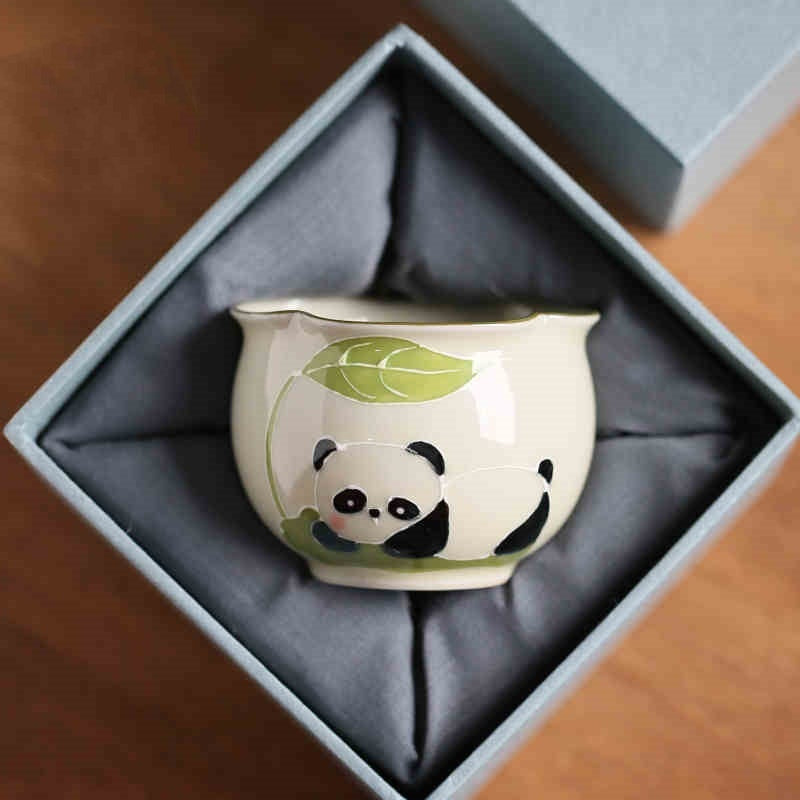 Hand Painted Panda Tea Cup Grass Wood Gray Ceramic High Temperature Underglaze Color