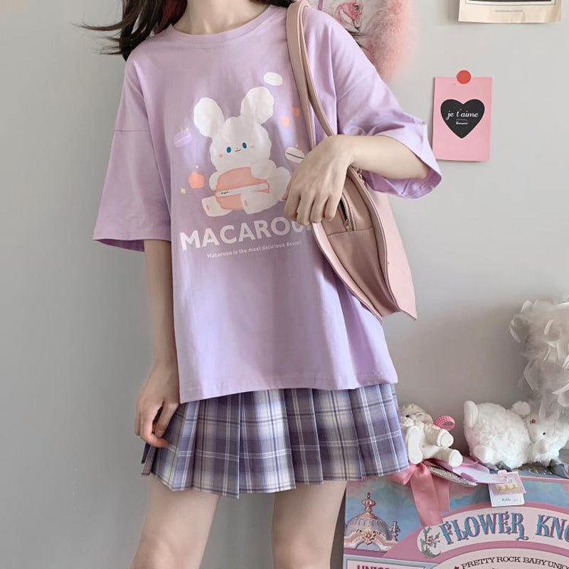 Printed Macaron Rabbit Baby T-shirt Women Pure Cotton Short-sleeved Bottoming Shirt Top
