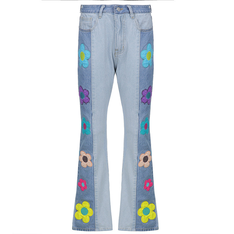 Patchwork Embroidery Design Contrast Flower Stitching Jeans