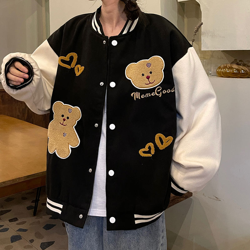 Girls’ Bear Baseball Jacket – Embroidered & Aesthetic