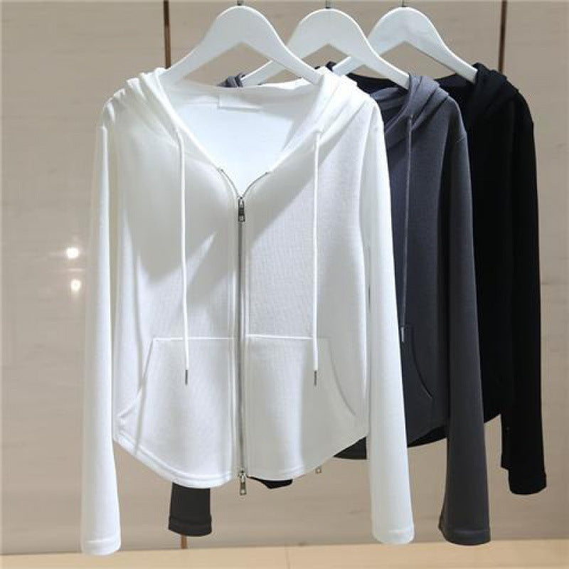 White Hooded Long Sleeve Zipper Short Sweater - The Number 1 Things
