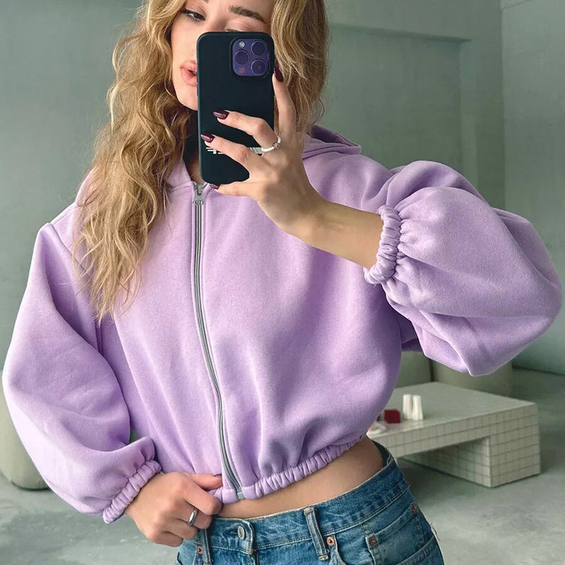 Casual Solid Color Hooded Short Jacket Y2K Fashion Sports Sweatshirt Long Sleeve Zip Up Cardigan Hoodies Women's Clothing - The Number 1 Things