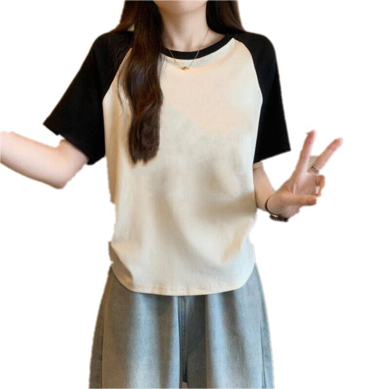 Women's Cotton Stretch Crew Neck Short Sleeve Stitching Top - The Number 1 Things